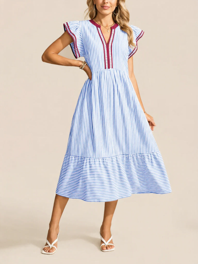 Women's Striped V-Neck Flutter Sleeve Long Dress