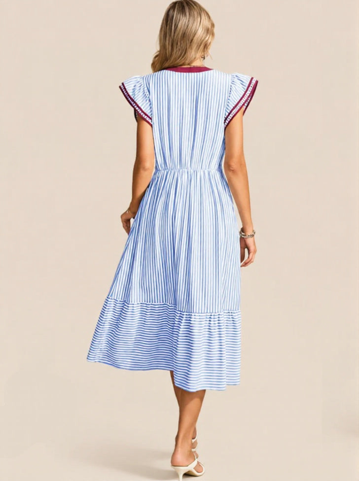 Women's Striped V-Neck Flutter Sleeve Long Dress
