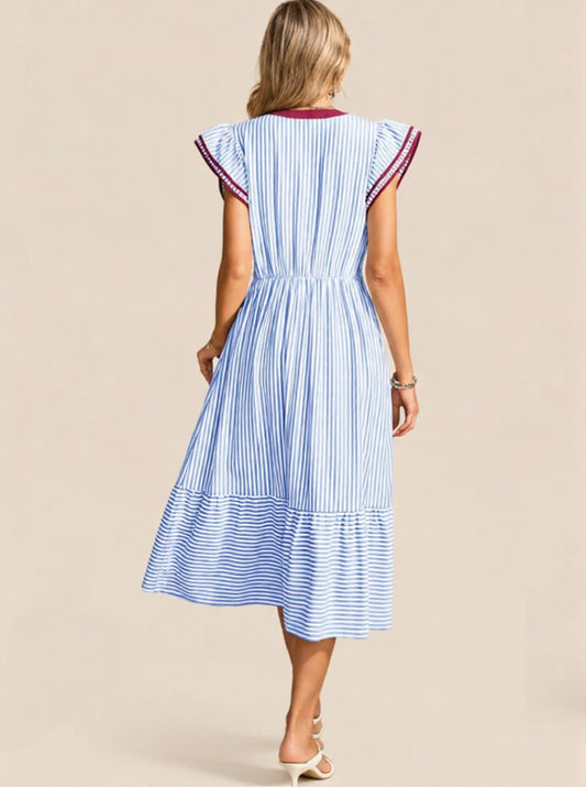 Women's Striped V-Neck Flutter Sleeve Long Dress