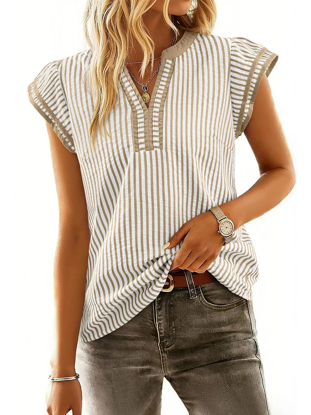 Women's Casual V Neck Flutter Sleeves Striped Top