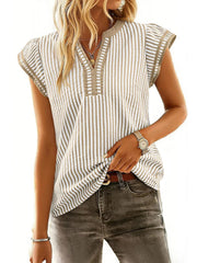 Women's Casual V Neck Flutter Sleeves Striped Top