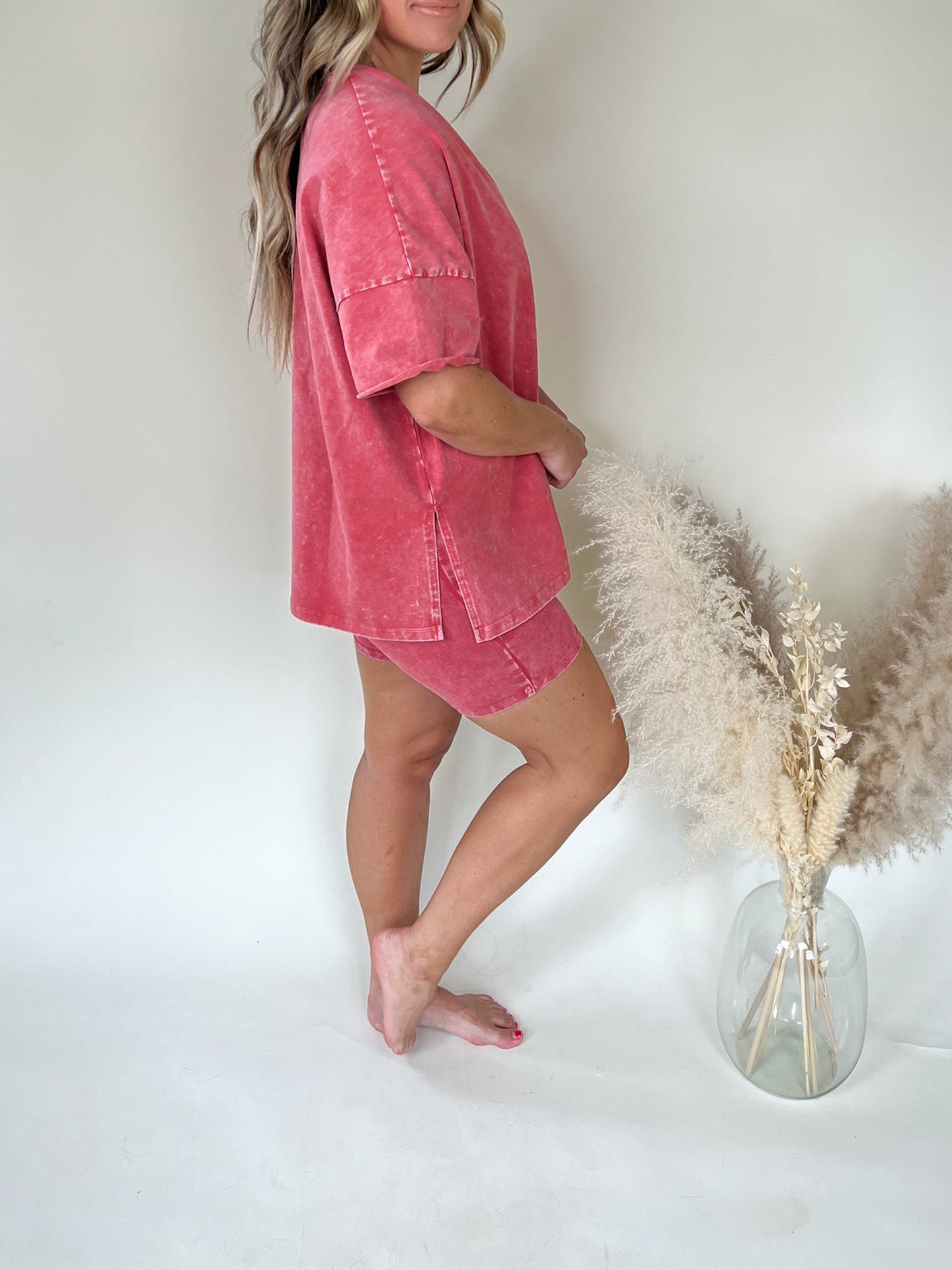 Women's Washed Short Sleeve and Cycling Shorts Set