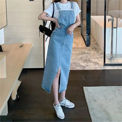 Retro Slim Slit Design Suspenders Skirt