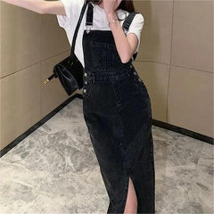 Retro Slim Slit Design Suspenders Skirt