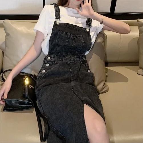 Retro Slim Slit Design Suspenders Skirt