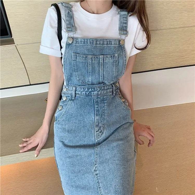 Retro Slim Slit Design Suspenders Skirt