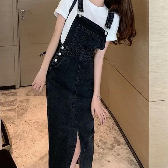 Retro Slim Slit Design Suspenders Skirt