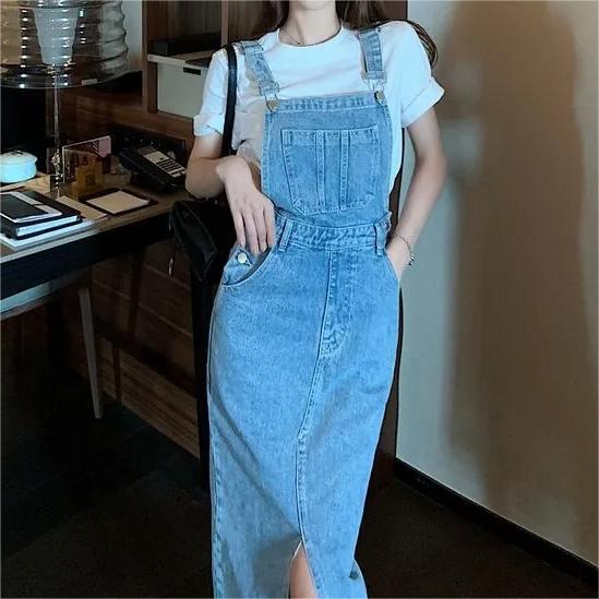 Retro Slim Slit Design Suspenders Skirt
