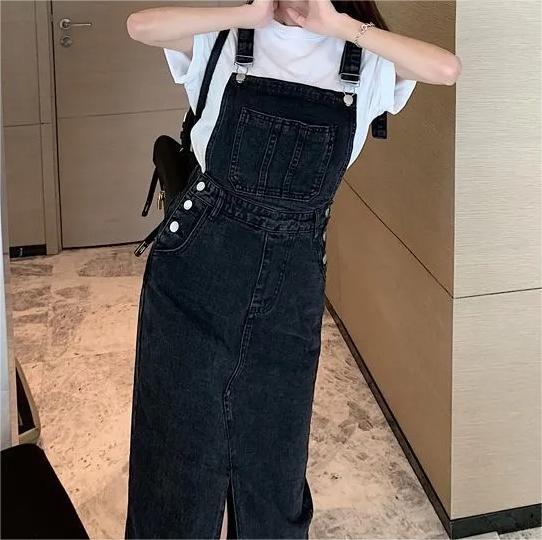 Retro Slim Slit Design Suspenders Skirt