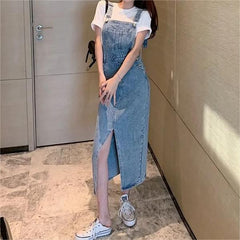 Retro Slim Slit Design Suspenders Skirt