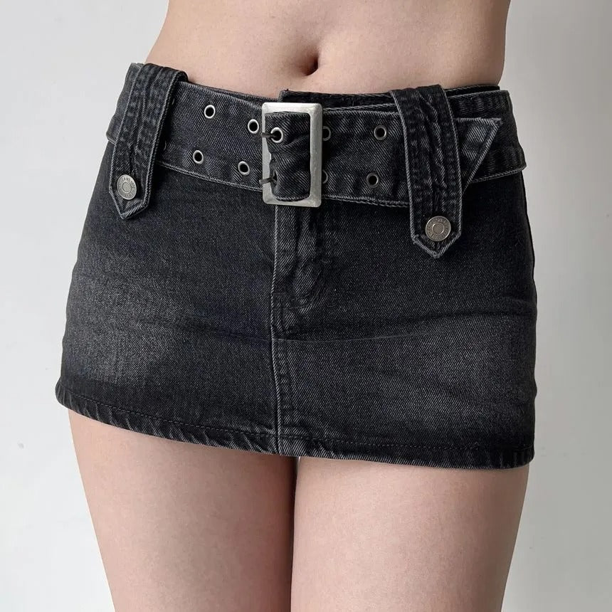Vintage High Waist Belt Denim Skirt