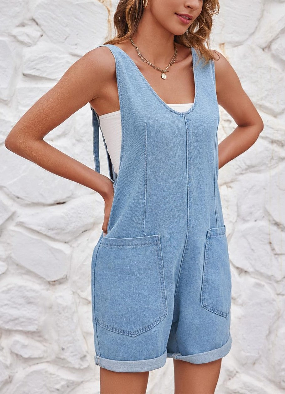 Women's Casual Adjustable Denim One-piece Shorts with Pockets