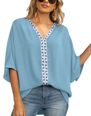 Summer New Women's Bat Sleeve V-neck T-shirt