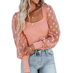 Square Neck Mesh Polka Dot Patchwork Pit Strip Long Sleeve