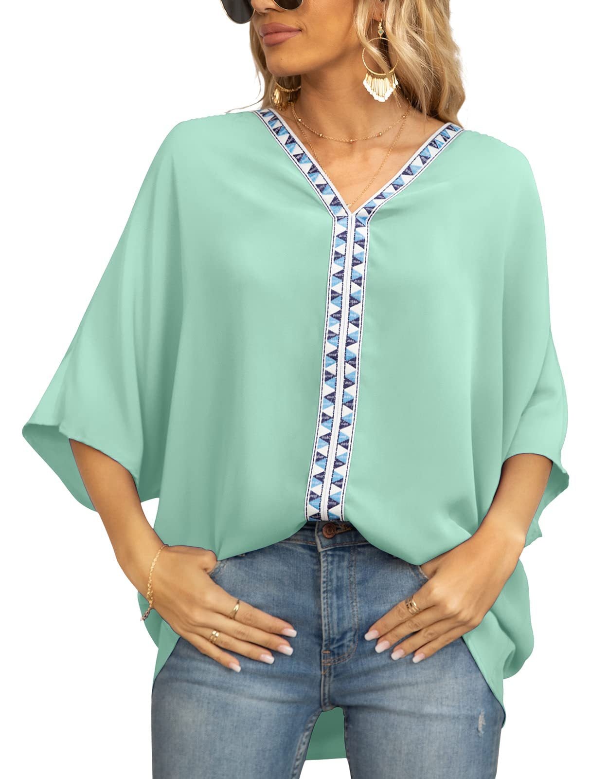 Summer New Women's Bat Sleeve V-neck T-shirt