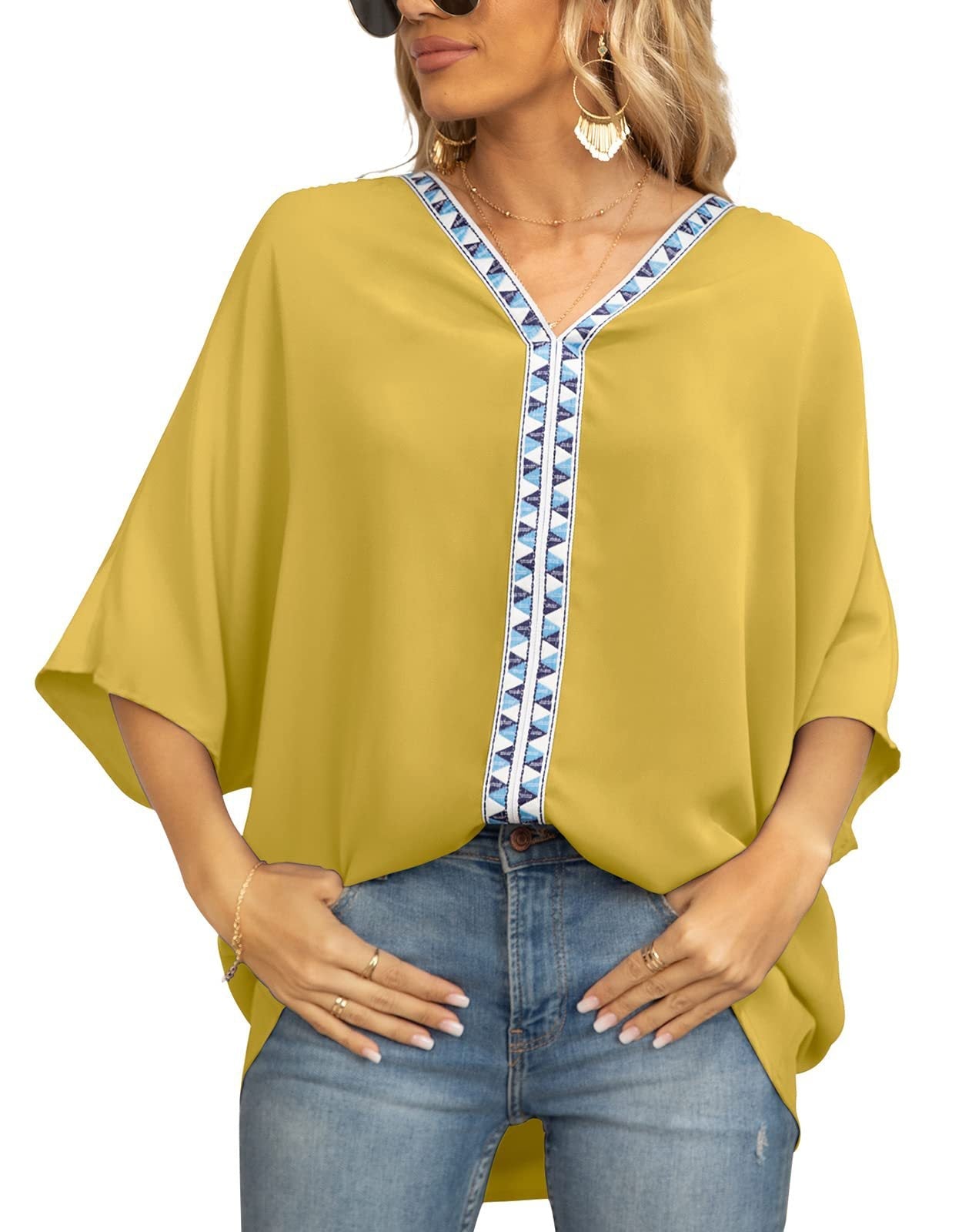 Summer New Women's Bat Sleeve V-neck T-shirt