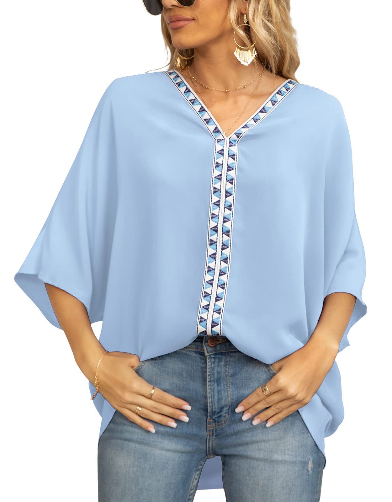 Summer New Women's Bat Sleeve V-neck T-shirt