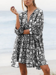 Women's V Neck Half Sleeve Floral Tunic Short Dress