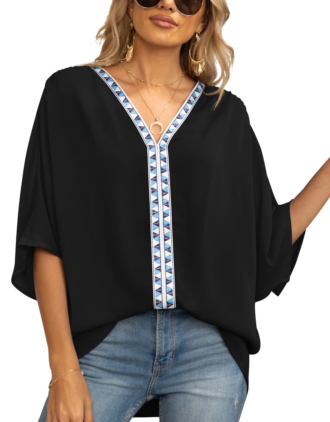 Summer New Women's Bat Sleeve V-neck T-shirt