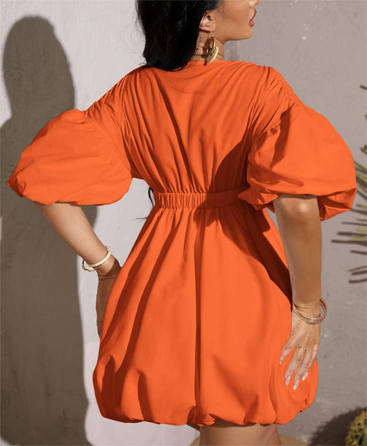 Women's Deep V-Neck Puffy Sleeve Elasticated High Waist Flared Dress