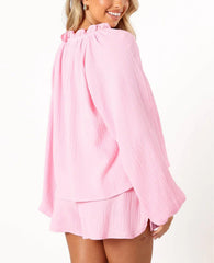 Women's Ruffle Long Sleeve Top and Shorts Two Piece Set With Pockets