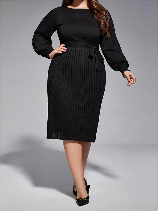 Plus Black Solid Tie Lantern Long Sleeves Knit Dress