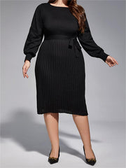 Plus Black Solid Tie Lantern Sleeves Knit Dress
