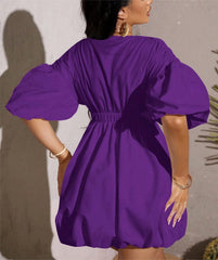 Women's Deep V-Neck Puffy Sleeve Elasticated High Waist Flared Dress