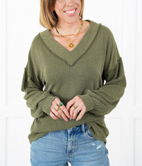 Women's Ribbed Long Sleeve V-Neck Pullover Tops