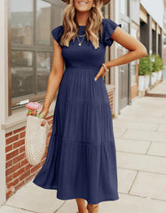 Women's Summer Casual Flutter Short Sleeve Smocked  Midi Dress