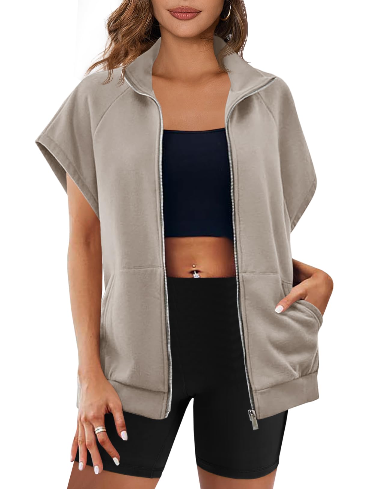 Sleeveless Oversized Casual Zip Sweatshirt with Pockets