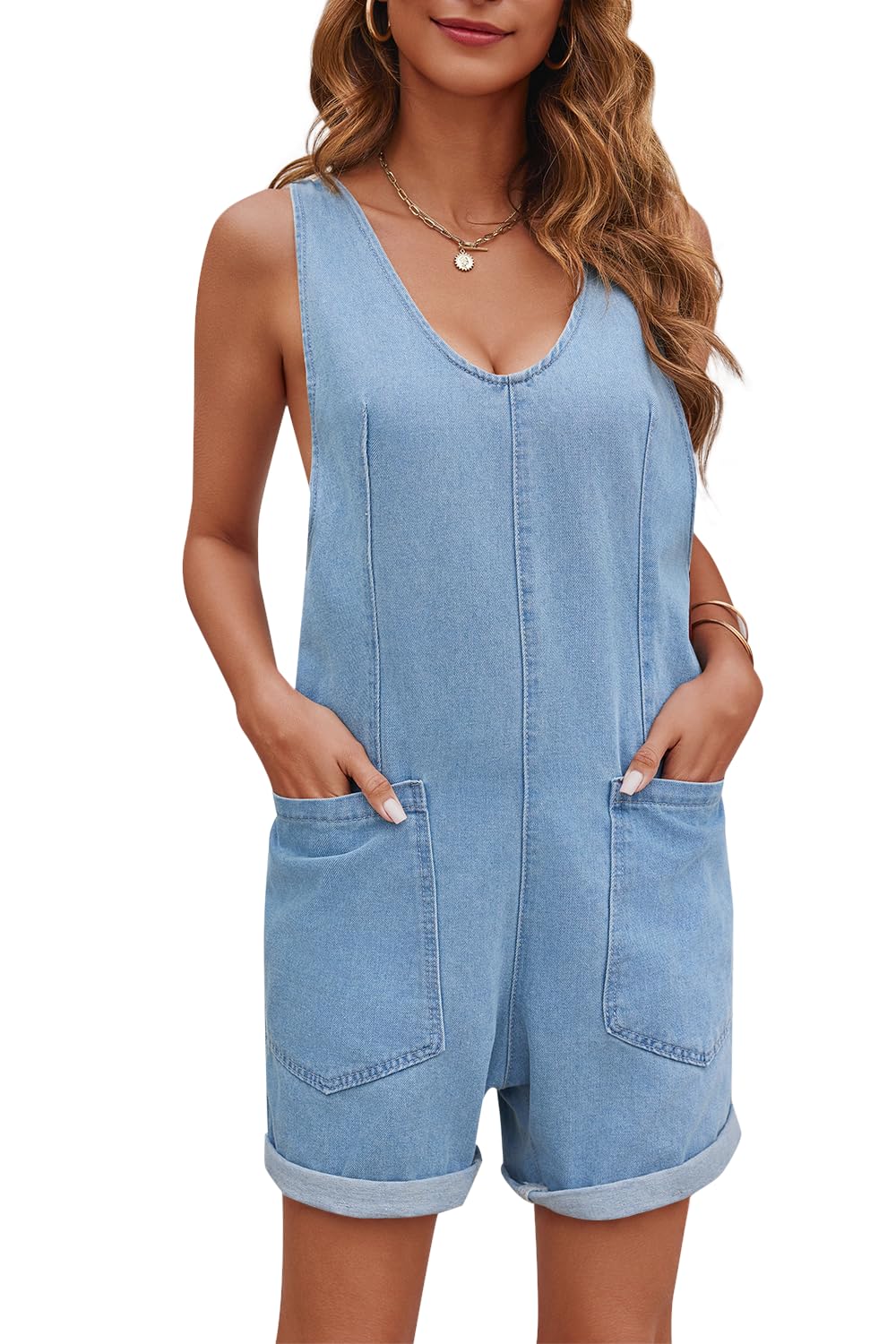 Women's Casual Adjustable Denim One-piece Shorts with Pockets