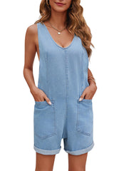 Women's Casual Adjustable Denim One-piece Shorts with Pockets