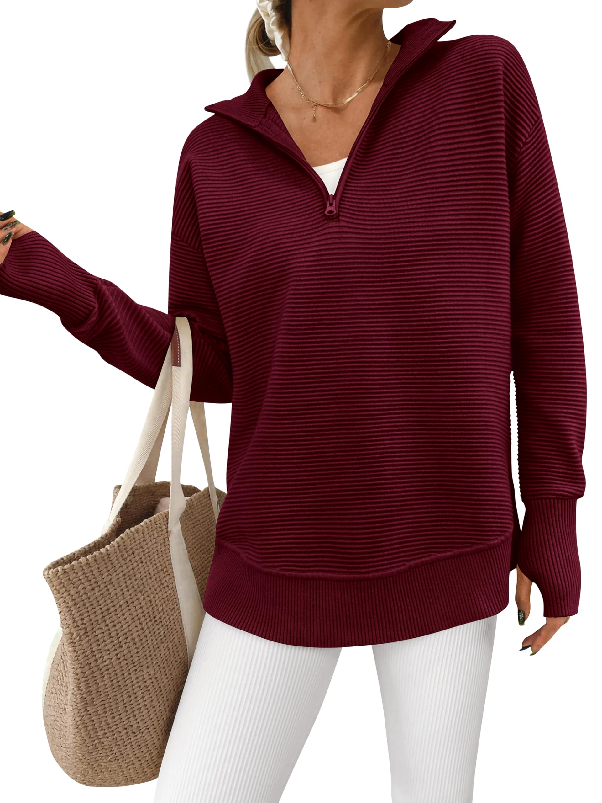 Women's Half Zip Oversized Ribbed Knit Pullover Sweater (Buy  2 Free Shipping )