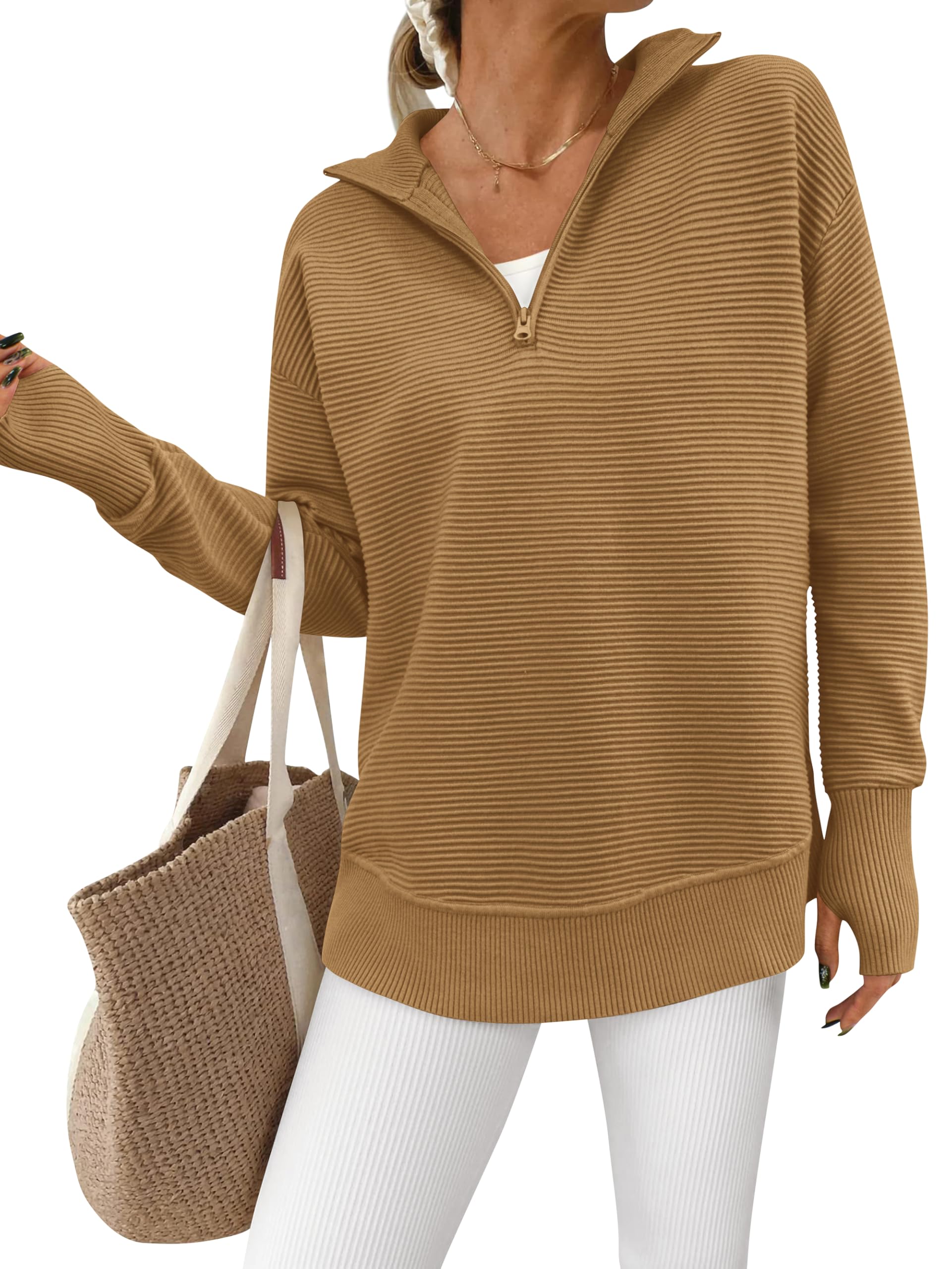 Women's Half Zip Oversized Ribbed Knit Pullover Sweater (Buy  2 Free Shipping )