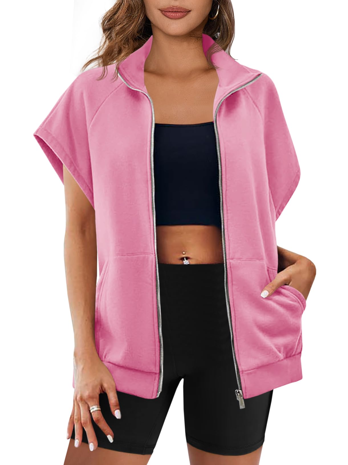 Sleeveless Oversized Casual Zip Sweatshirt with Pockets