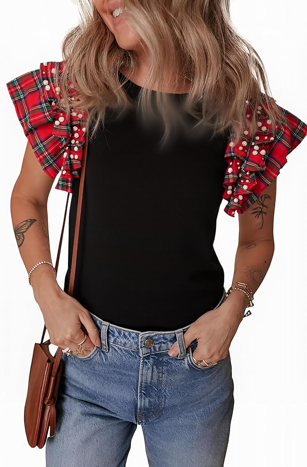 Women's  Plaid Ruffle Short Sleeve Pearl Tops