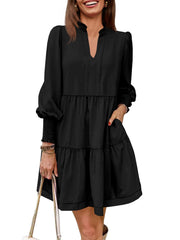 Women's V-Neck Long Sleeve Ruffle Tiered Dress