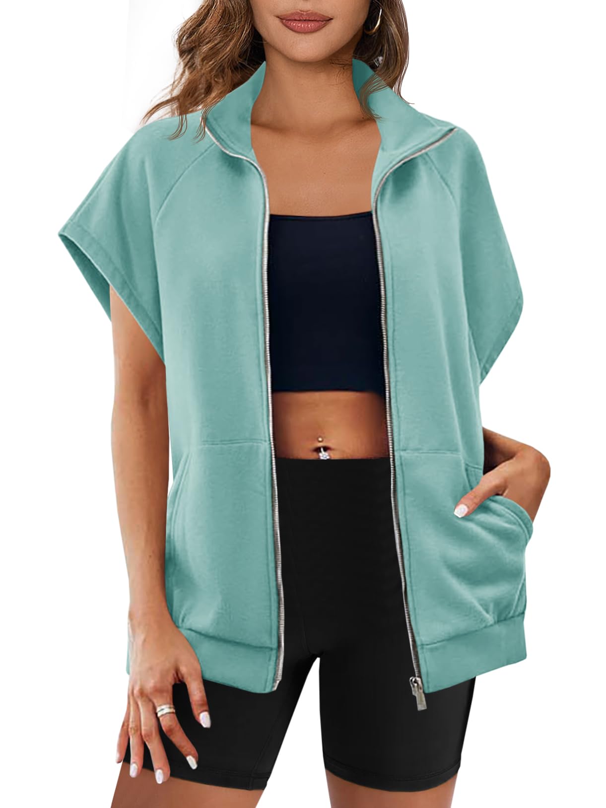 Sleeveless Oversized Casual Zip Sweatshirt with Pockets