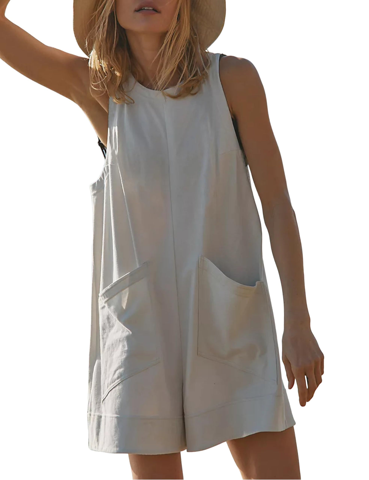 Women's Casual Stretch Sleeveless Shorts Bodysuit with Pockets