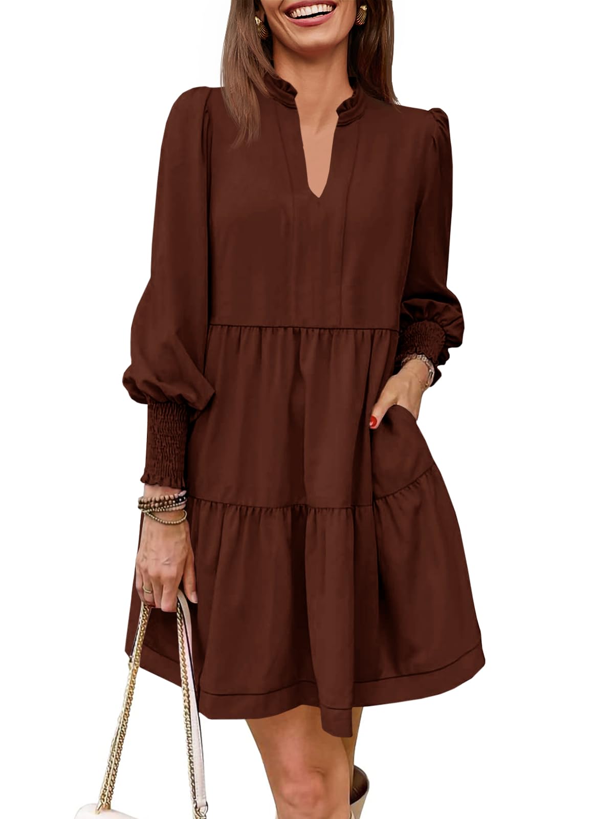 Women's V-Neck Long Sleeve Ruffle Tiered Dress
