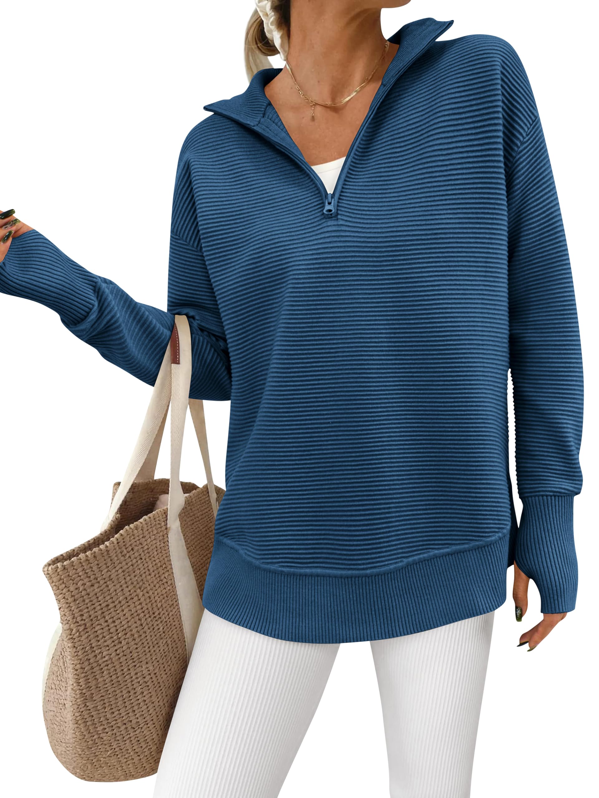 Women's Half Zip Oversized Ribbed Knit Pullover Sweater (Buy  2 Free Shipping )