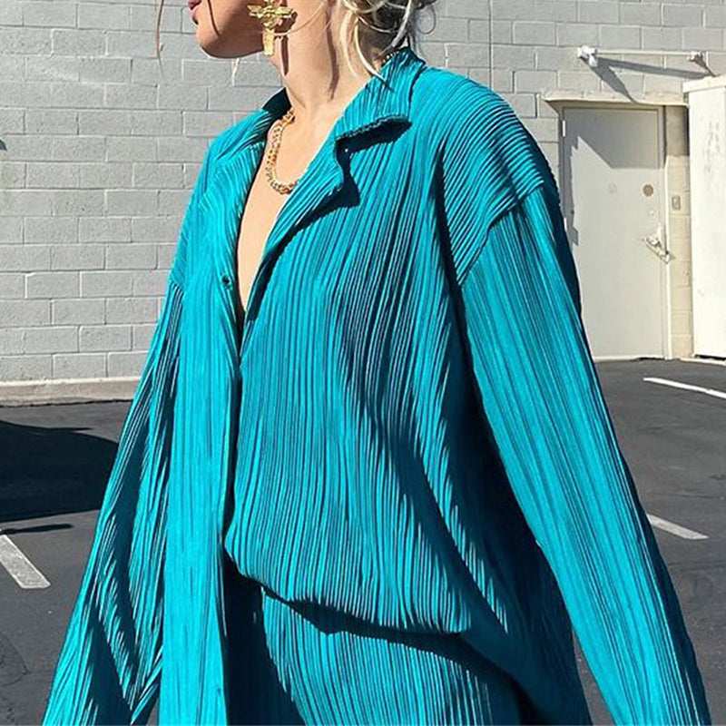 Causal Set Loose Button-Down Shirt and Pleated Wide Leg Pants