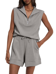 Women's Summer Half Zip Sleeveless Two-Piece Shorts Set