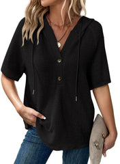 Women's Waffle Knit Button V Neck Short Sleeve Hoodie