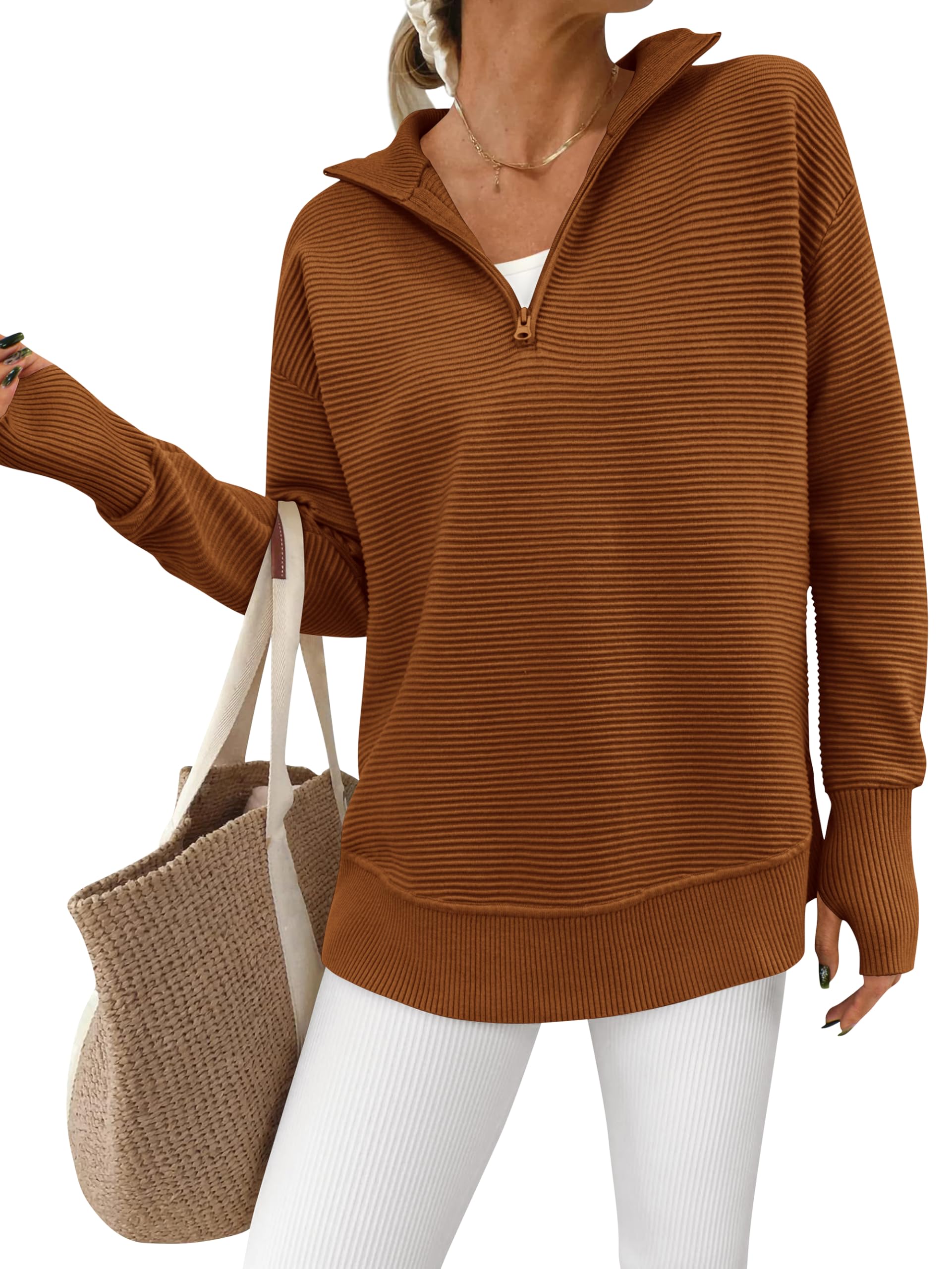 Women's Half Zip Oversized Ribbed Knit Pullover Sweater (Buy  2 Free Shipping )