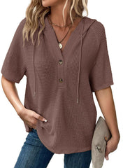 Women's Waffle Knit Button V Neck Short Sleeve Hoodie