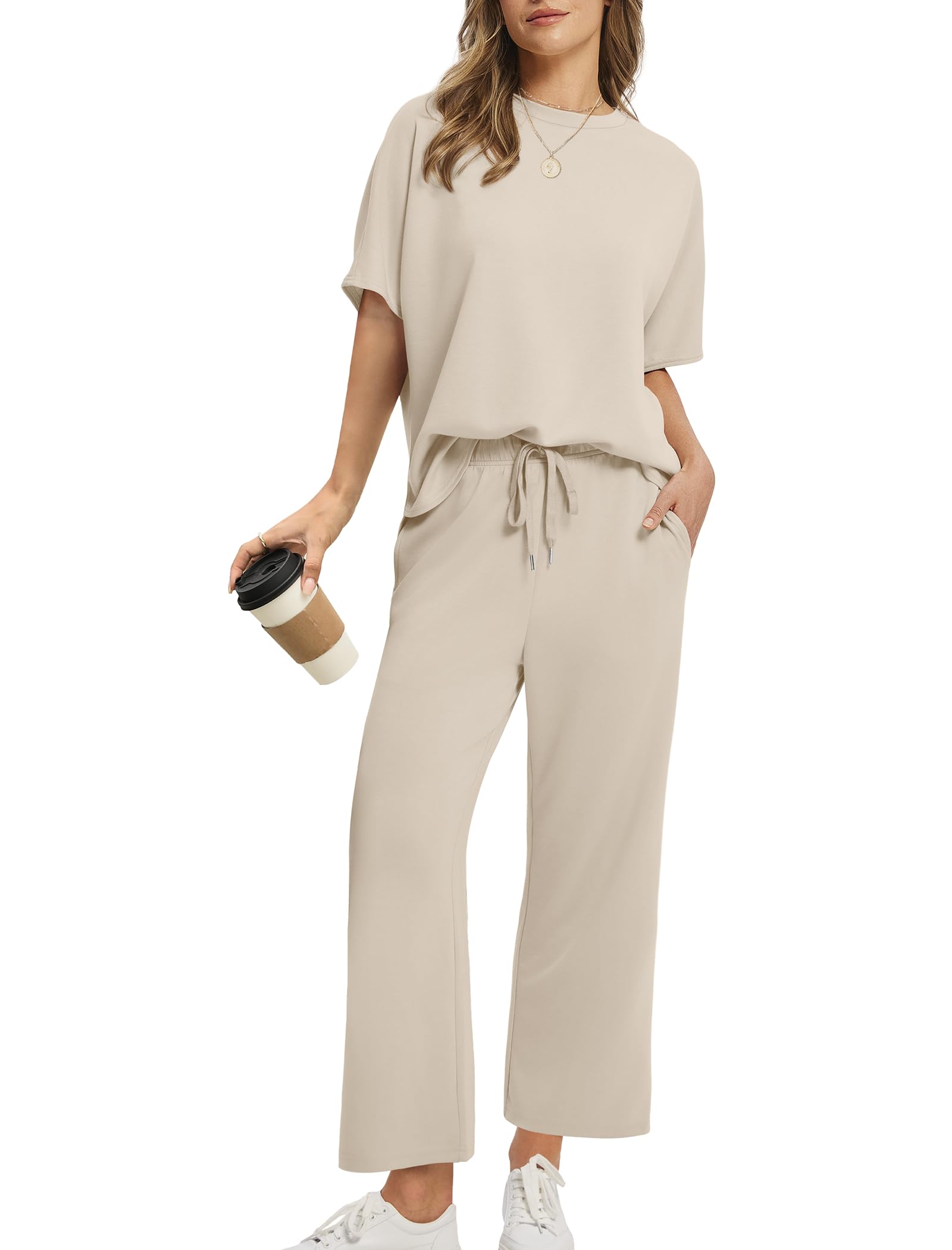 Women Oversized T-shirt and Wide Leg Crop Pants 2 Piece Sets