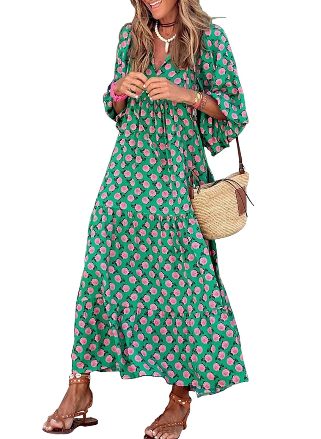 Women's Puff Sleeve Floral Boho Maxi Dress