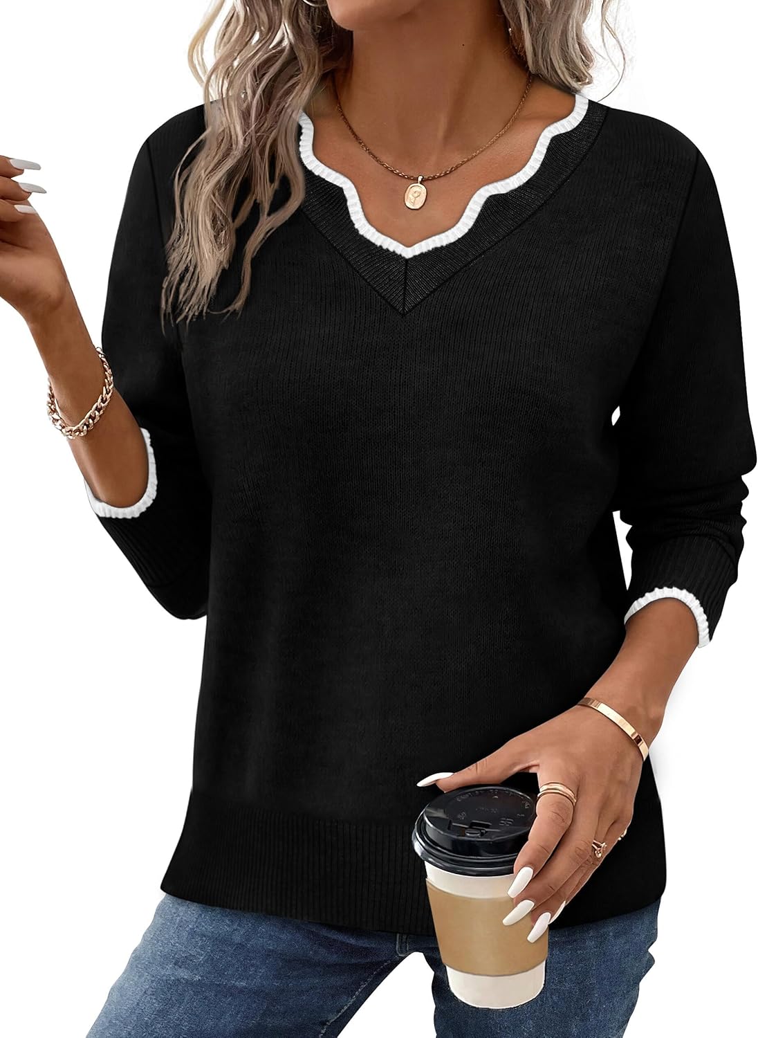 Women's Cozy Lightweight Scalloped V Neck Sweater